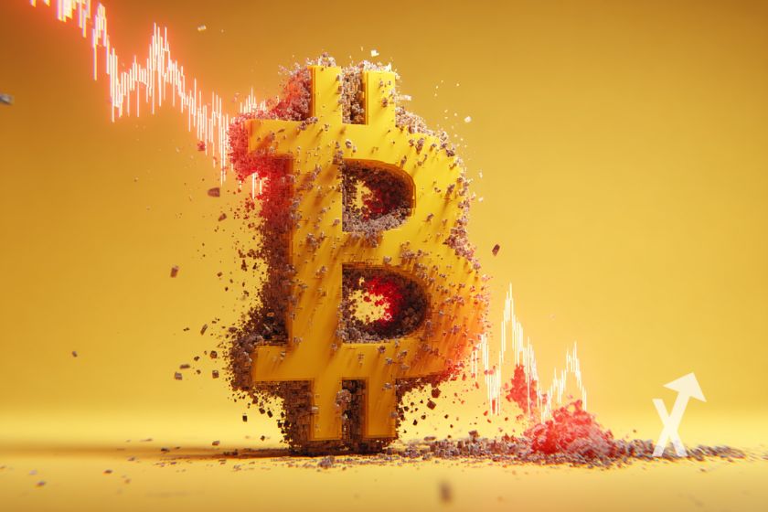 logo Bitcoin en jaune avec trendline rouge qui descend