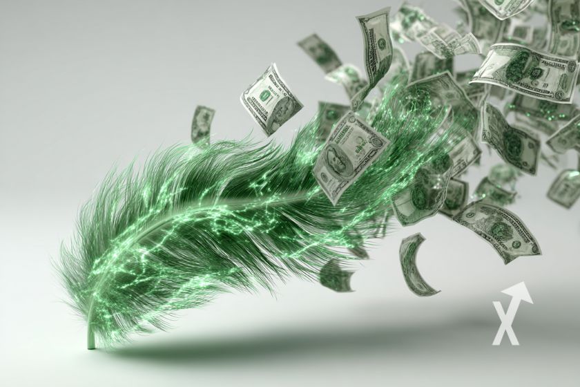 plume robinhood sur un fond blanc avec billets dollars