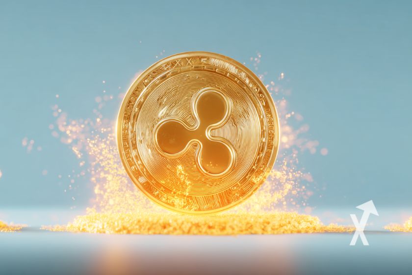 XRP coin en jaune sur un fond bleu avec explosion orange