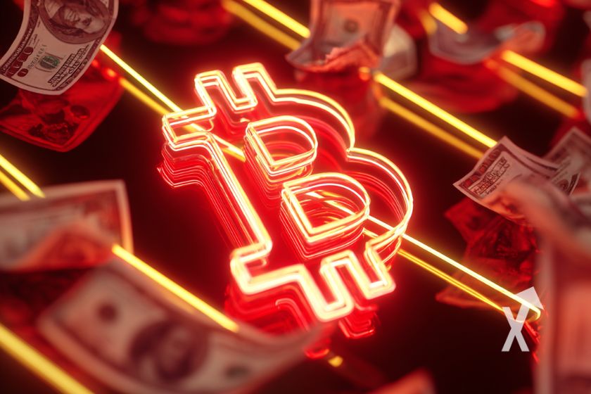Bitcoin logo en neon rouge avec billets dollars