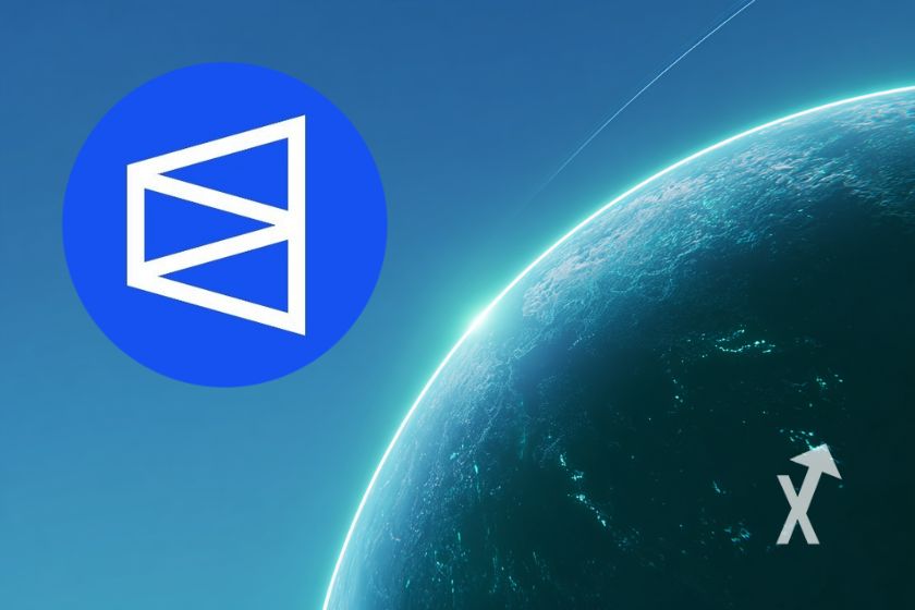 Logo Polymarket dans l'espace avec une planète verte