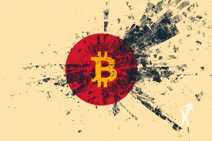 Bitcoin logo dans un cercle rouge sur un fond blanc beige avec de l'encre noire