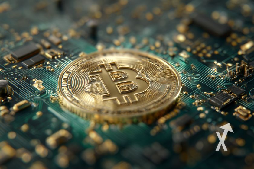 Bitcoin coin sur une puce électrique verte