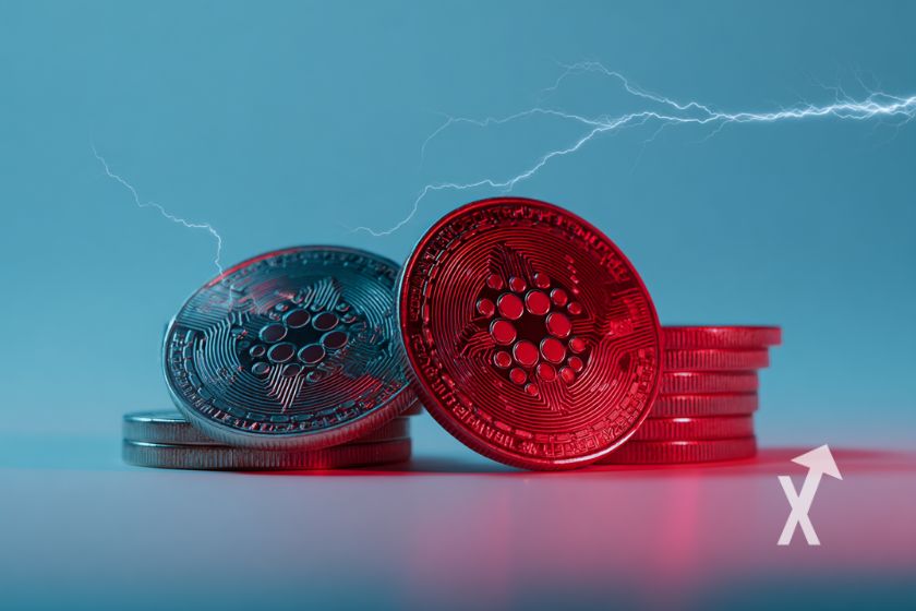coins cardano empilés sur un fond bleu avec lumière rouge