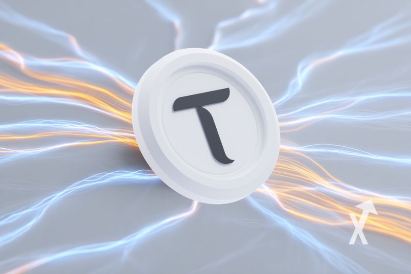 coin tao sur un fond gris avec lignes électriqiues bleues et oranges