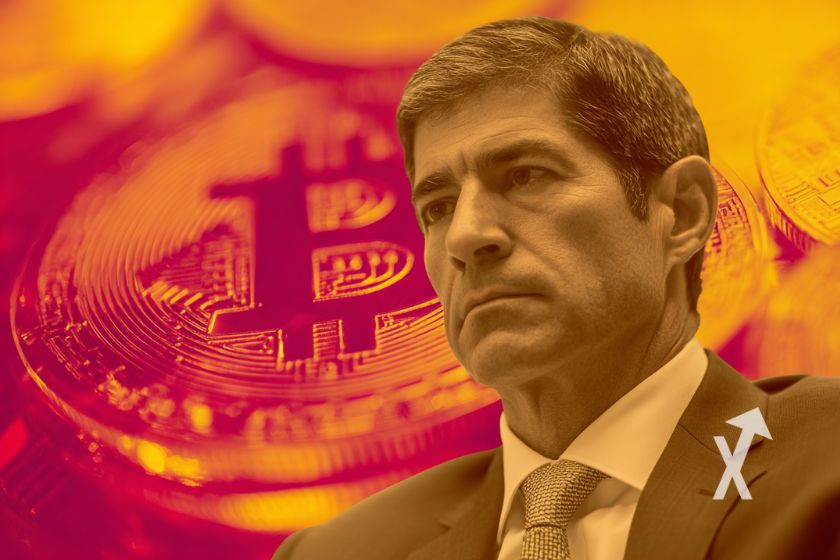 Kevin warsh sur un fond rouge et jaune avec coin Bitcoin en arrière plan