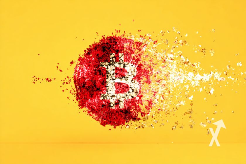 Bitcoin dans un rond rouge qui se désintègre sur un fond jaune