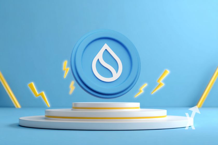 coin solana sur un fond bleu avec un podium gris et des éclairs jaunes