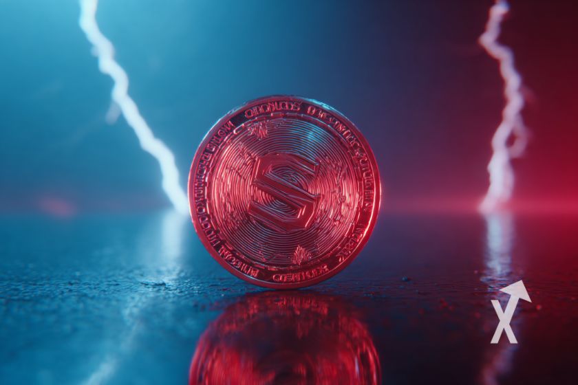 coin solana en rouge sur un fond bleue t rouge avec éclair bleu