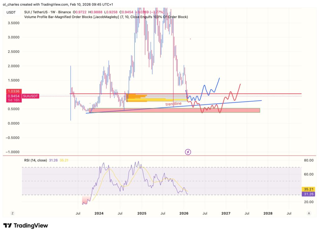 cours du SUI en 1 semaine avec order block et RSI