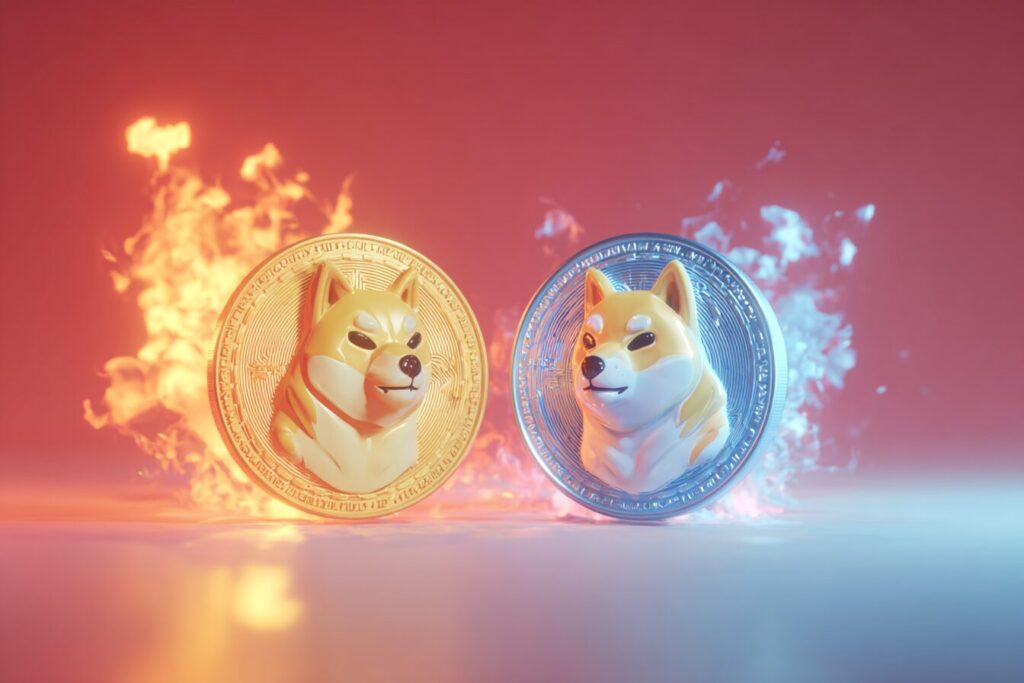 Déux coins dogecoin en rouge et bleu avec flammes derrière sur un fond rouge
