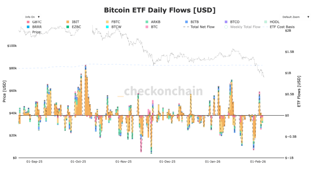 Bitcoin daily inflows Etf Bitcoin avec colonnes de couleurs 
