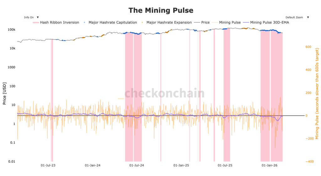 cours Bitcoin mining pulse avec courbe orange et zone rouge opur hashrate