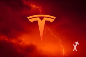 logo Tesla sur un fond rouge avec un éclair rouge