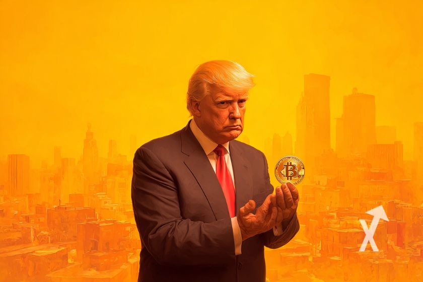 Trump qui tient un bitcoin dans sa main sur un fond orange de la ville du détroit d'ormuz