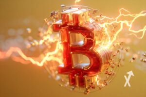 Bitcoin logo en rouge dans de l'électricité jaune