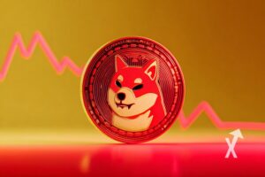 coin shiba inu sur un fond jaune avec ligne rouge
