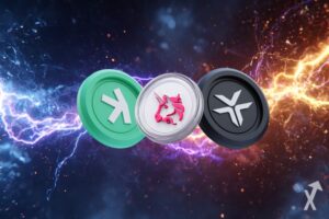 kaspa dexe uniswap coins sur fond electique coloré