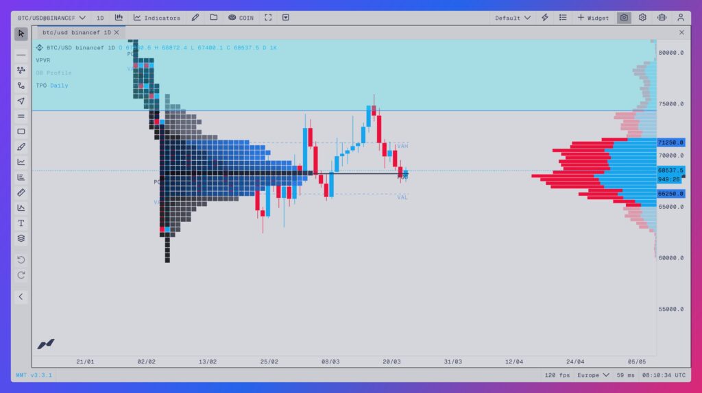 cours du Bitcoin en 1 jour avec TPO et VPFR