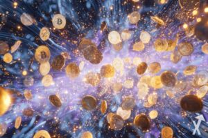 pluie de bitcoin doré sur univers galaxie violette bleue