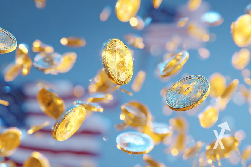 cryptos tokens en or sur un fond bleu avec drapeau américain en fond