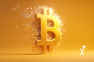 Bitcoin logo sur un fond orange avec pépite d'or derrière