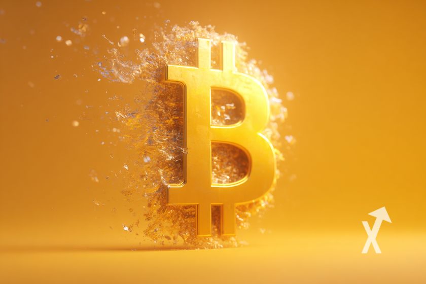 Bitcoin logo sur un fond orange avec pépite d'or derrière