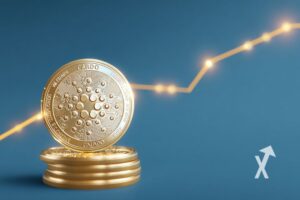 coin cardano sur un fond bleu avec trendline jaune