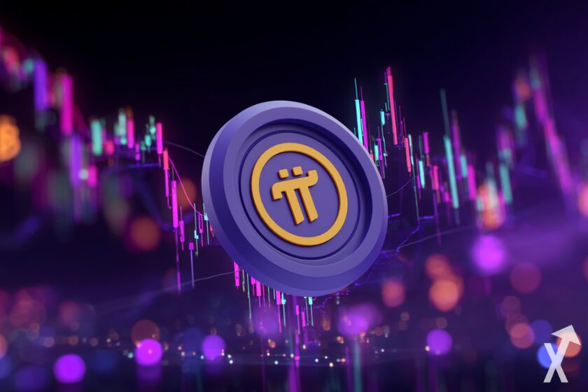 pi coin sur fond violet trading chart colorés