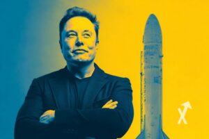 Elon Musk devant un fond jaune et bleu et une fusée SpaceX