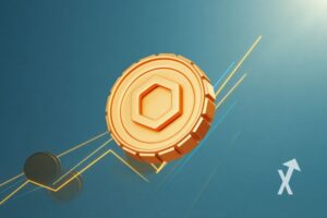 Coin chainlink LINK sur un fond bleu avec trendline jaune