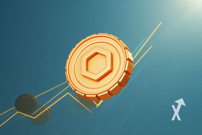 Coin chainlink LINK sur un fond bleu avec trendline jaune