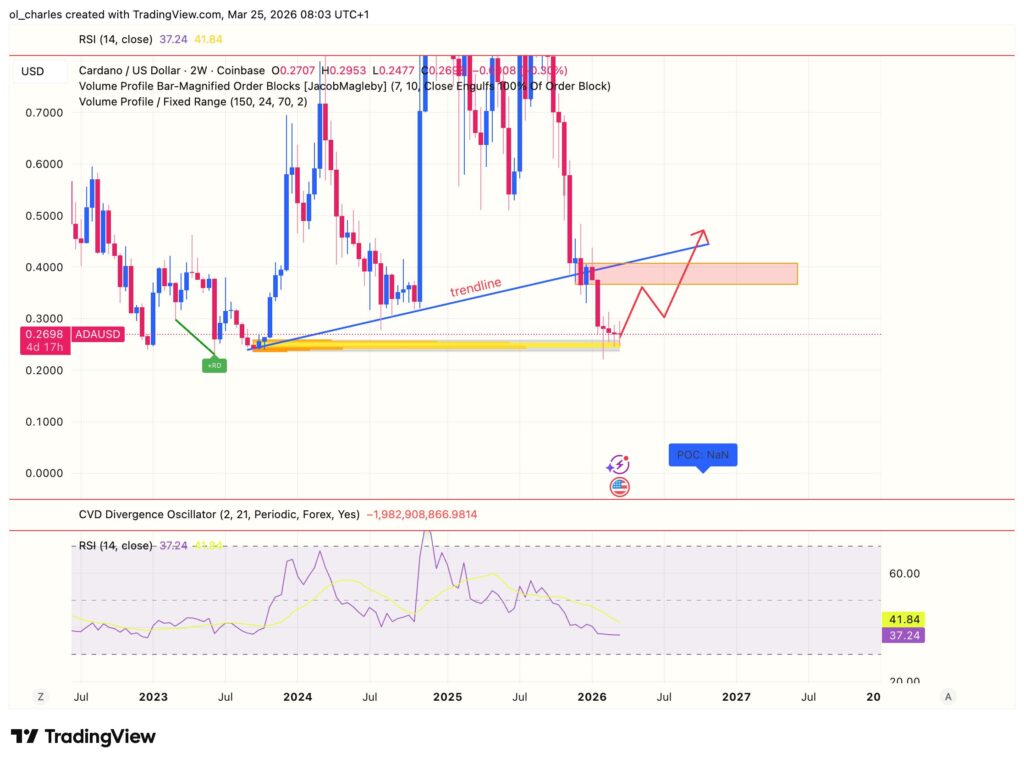 cours du ADA en 2 semaines avec order block et RSI