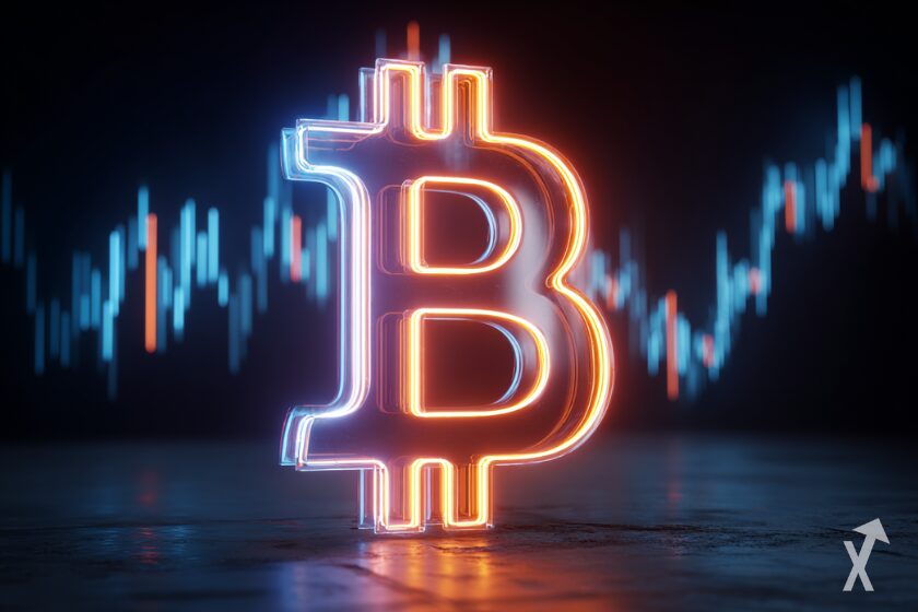 bitcoin logo flashy neon sur fond trading chart coloré et fond clean bleu azur