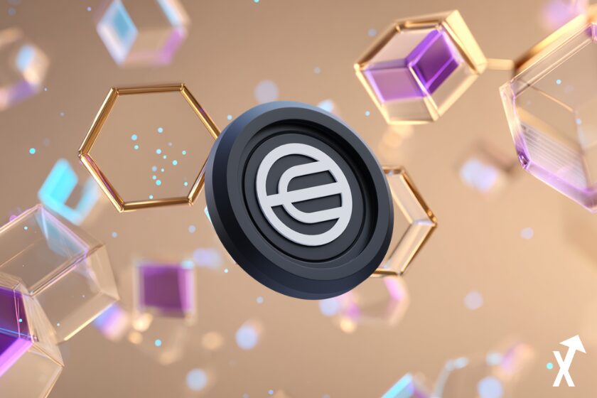 visualisation abstraite d'une blockchain futuriste, nœuds lumineux interconnectés, couleurs néon vibrantes violet bleu cyan avec coin worldcoin au centre