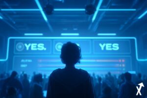 une personne debout face à un écran géant lumineux affichant une interface de marché de prédiction, boutons oui et non, barres de pourcentage de probabilité, interface bleue et blanche épurée