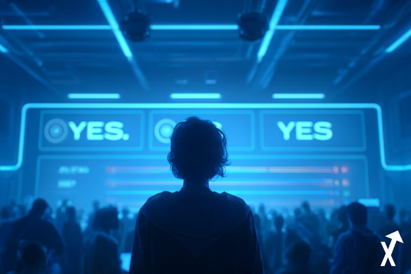 une personne debout face à un écran géant lumineux affichant une interface de marché de prédiction, boutons oui et non, barres de pourcentage de probabilité, interface bleue et blanche épurée