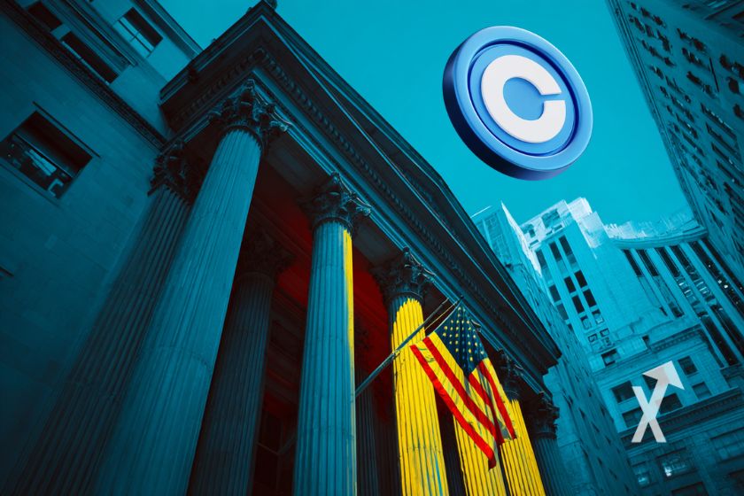 banque bleue sur un fond bleu avec coin Coinbase en haut à droite