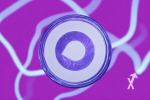 Monad coin sur un fond violet avec lignes bleues