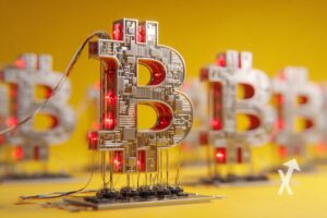 Bitcoin logo branchés à des machines sur un fond jaune