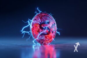 Solana coin sur un fond bleu nuit avec électricité