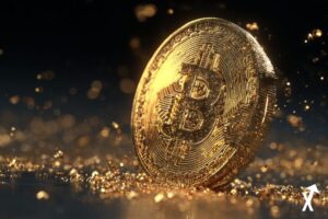 Une pièce de Bitcoin dorée spectaculaire, ultra-réaliste, scintillante avec des reflets lumineux éblouissants, mettant en valeur un symbole BTC finement embossé et détaillé.