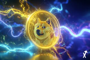 dogecoin jeton entouré d'electricité bleue violette colorée