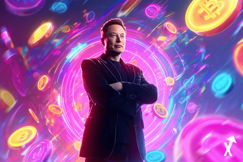 Elon Musk se tenant avec assurance, entouré de symboles de cryptomonnaies lumineux en lévitation — logos de Bitcoin, Dogecoin et Ethereum — tourbillonnant dynamiquement autour de lui, avec un fond vibrant et coloré composé de dégradés néon électriques violets.