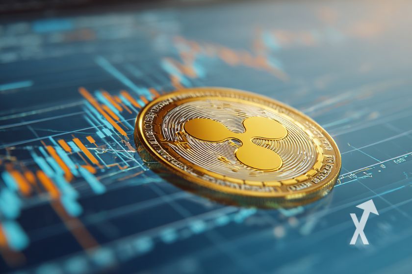 Xrp coin sur un fond bleu de graphique avec trendline de bougies vertes et rouges