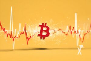Bitcoin logo rouge sur un fond jaune orange avec trendline rouge e blanche