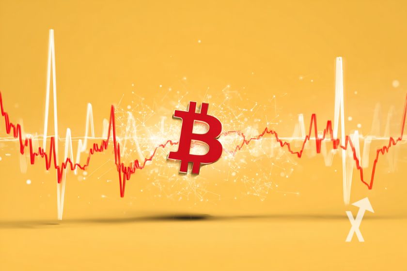 Bitcoin logo rouge sur un fond jaune orange avec trendline rouge e blanche