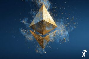 Logo Ethereum en diamant, explosion massive dorée et électrique, énergie intense, éclairs dorés, particules lumineuses,