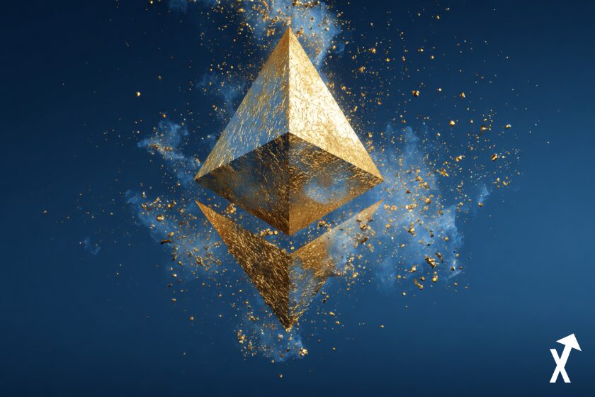 Logo Ethereum en diamant, explosion massive dorée et électrique, énergie intense, éclairs dorés, particules lumineuses,