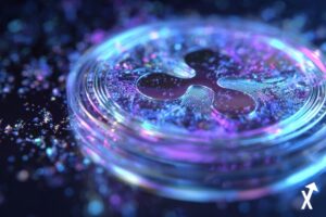 Un disque transparent en verre ou cristal, arborant le logo de la cryptomonnaie XRP (Ripple), baigné dans une lumière bleue et violette irisée. Des particules scintillantes et des reflets holographiques entourent l'objet, créant une atmosphère futuriste et luxueuse sur un fond sombre.